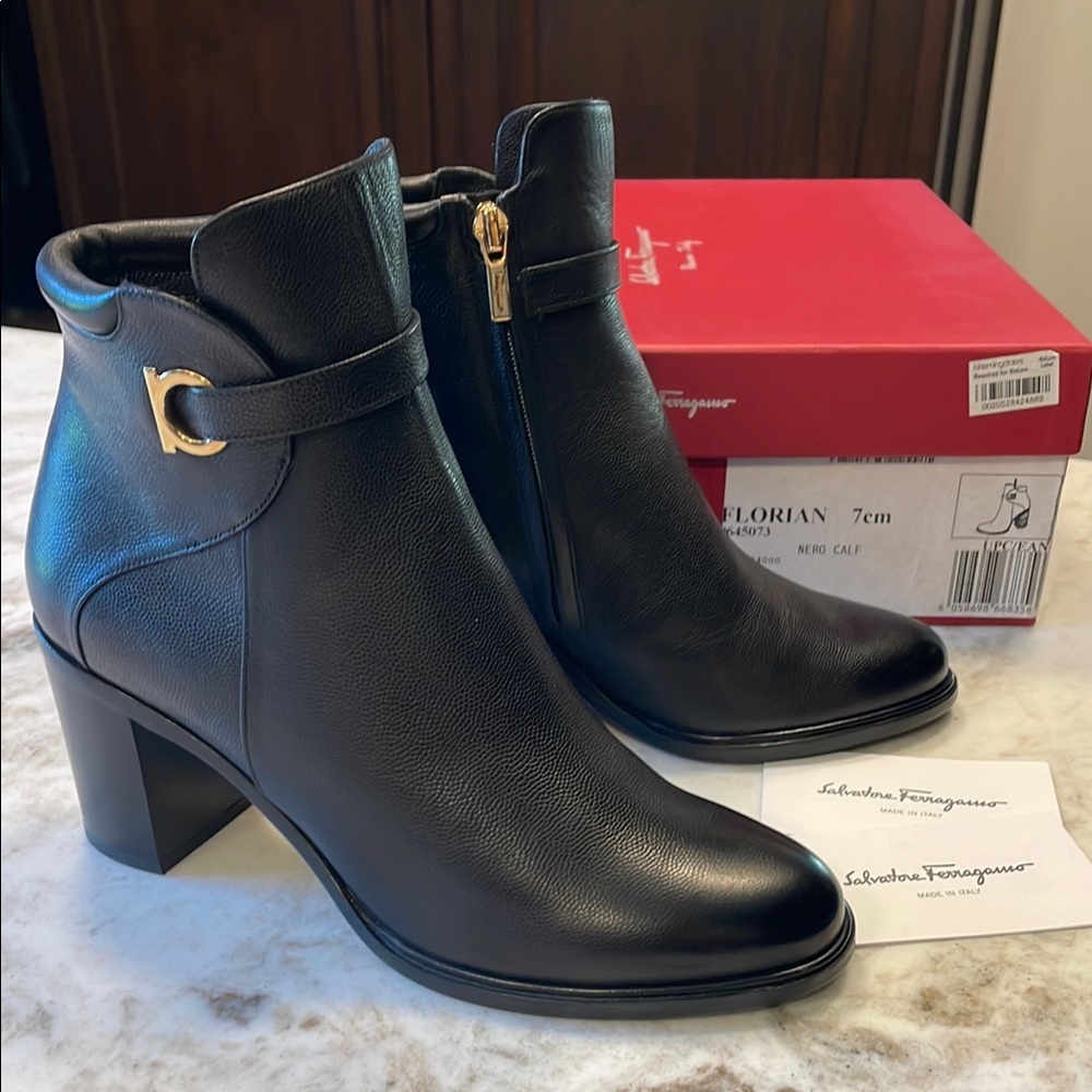 Salvatore Ferragamo Florian Black Ankle Booties with Gold Buckle